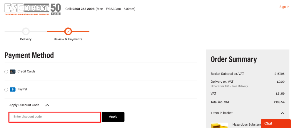 The checkout page will clearly display where to enter your ESE Direct discount code so you can secure your savings before finalising your order.