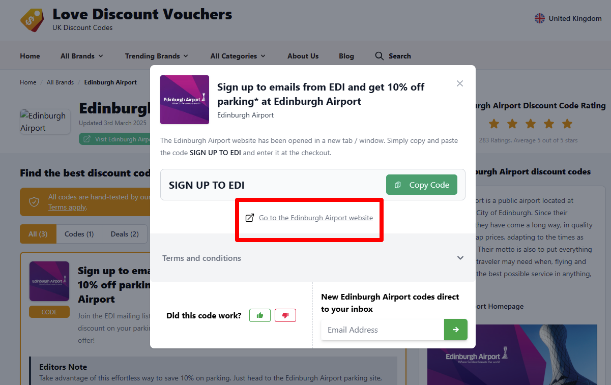 Click in the red box to visit Edinburgh Airport website