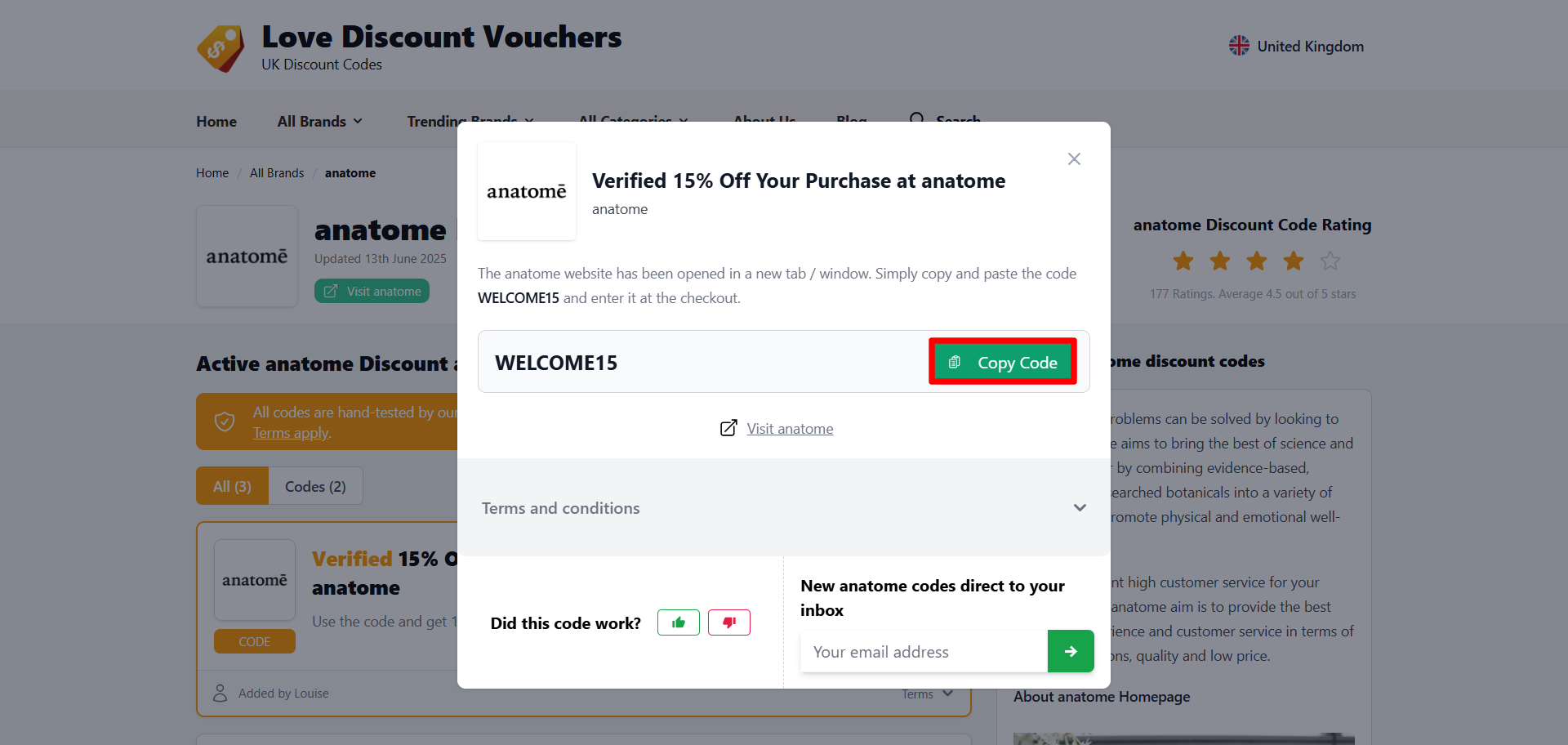 A pop-up displaying an anatome discount code and its terms and conditions