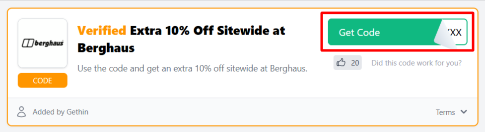 A Berghaus voucher code with "Get Code" in a red box.