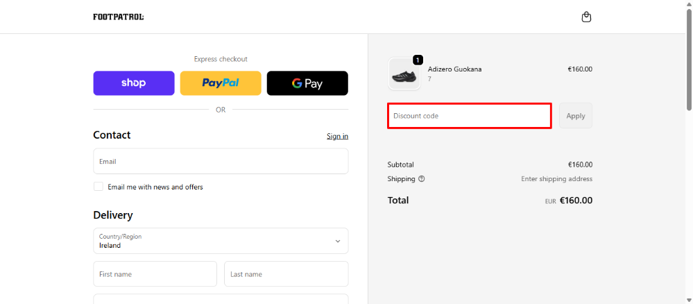 Footpatrol's discount code place in the checkout