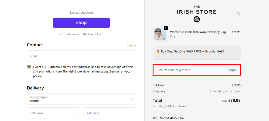 The Irish Store discount code place highlighted by a red box