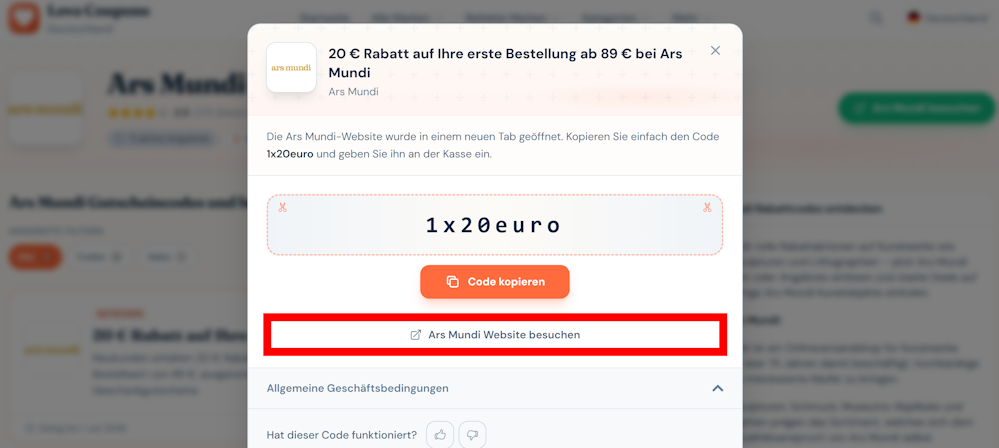 Offener Rabattcode für Ars Mundi mit rotmarkiertem Link