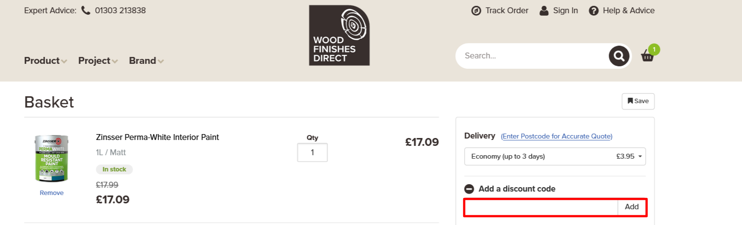 Wood Finishes Direct checkout page showing where to add the code