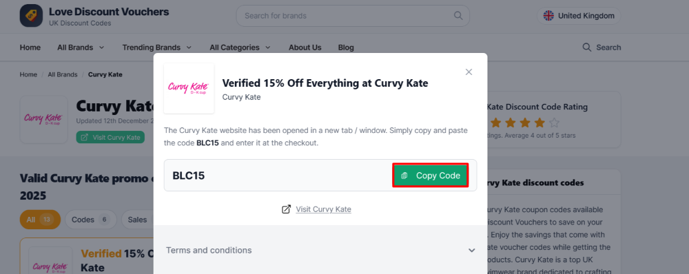 Curvy Kate Love Discount Vouchers page where ypu copy a code