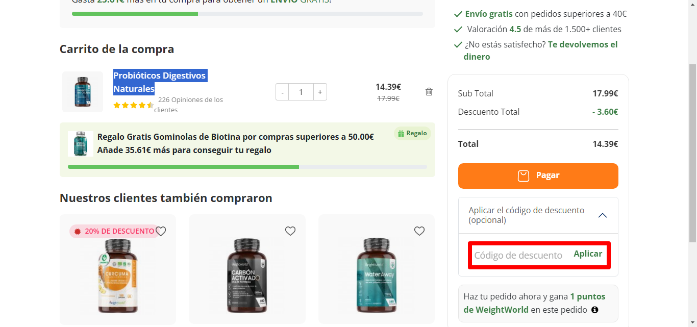 cuadro para introducir el código de descuento de la marca