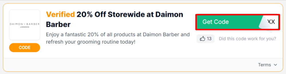 A Daimon Barber voucher code with "Get Code" in a red box