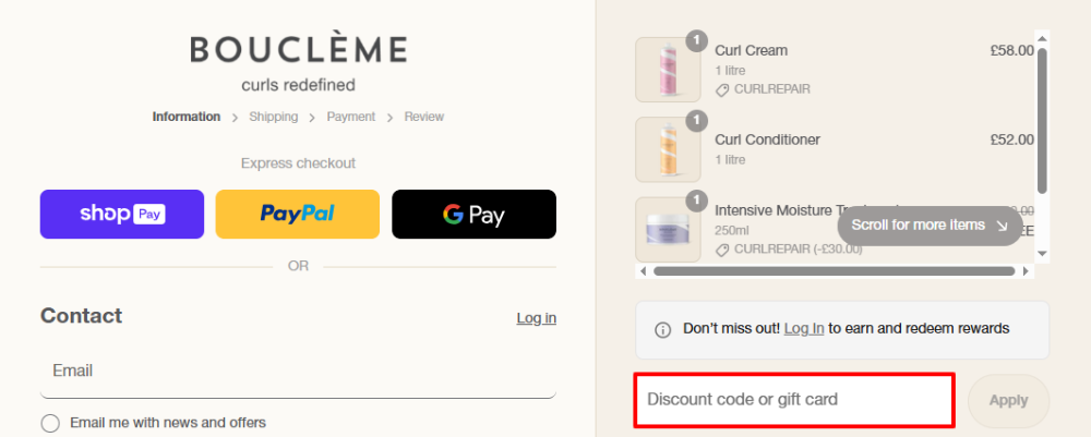 The Bouclème checkout page with where to paste the Bouclème voucher code in a red box