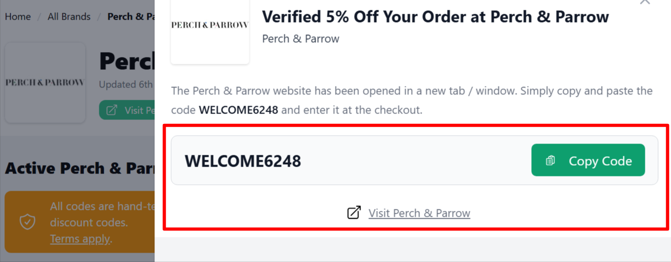 A Perch & Parrow discount code on an onscreen page on our site