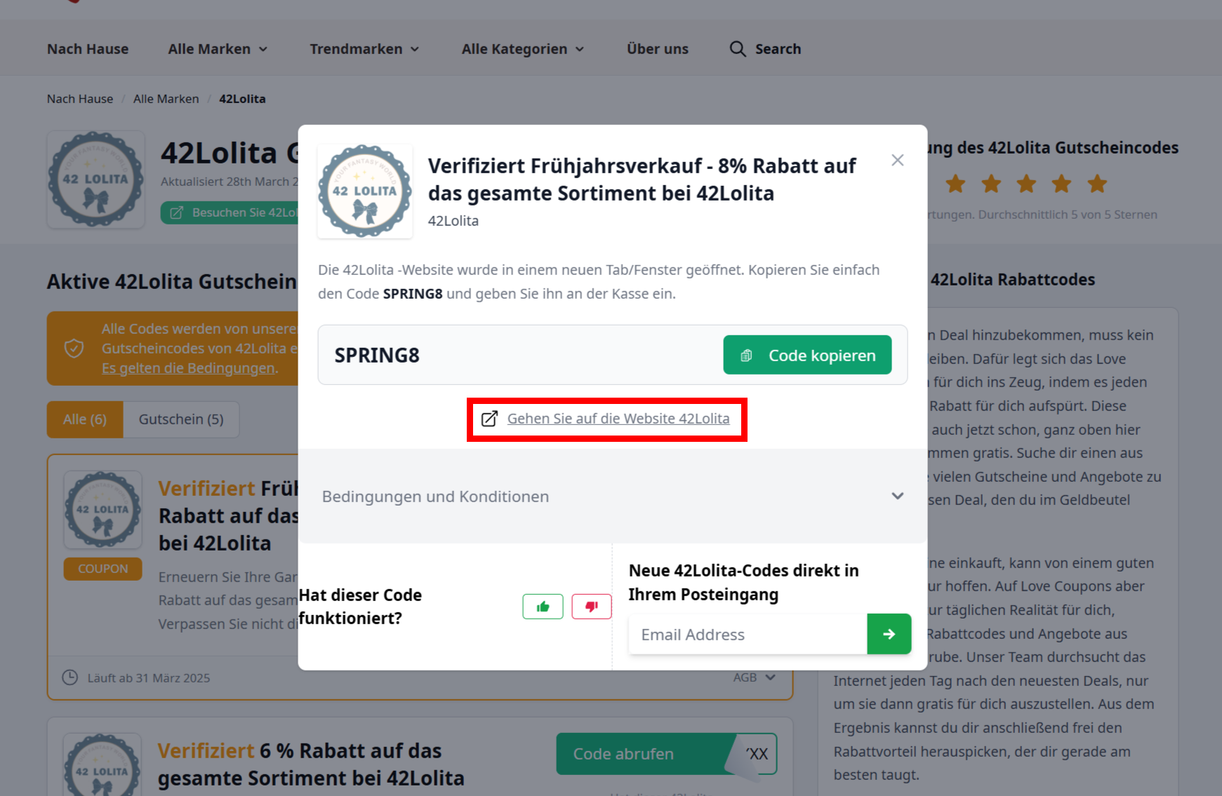 Offener Gutscheincode von 42Lolita mit einem rotmarkiertem Link