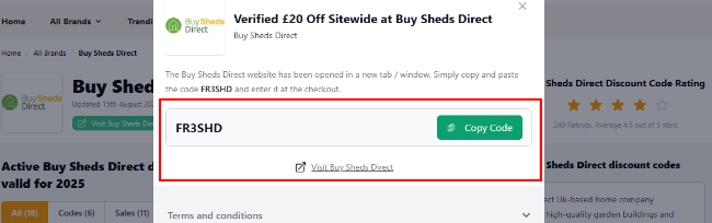 The highlighted red box shows the link to the Buy Sheds Direct website for shopping.