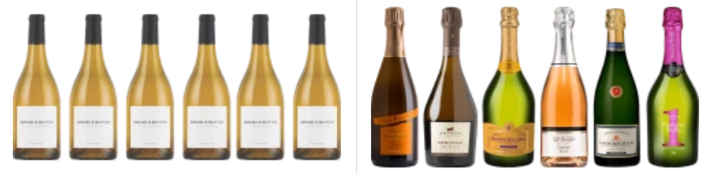 Zwei 6er-Sets von Weinenflaschen auf leerem Hintergrund