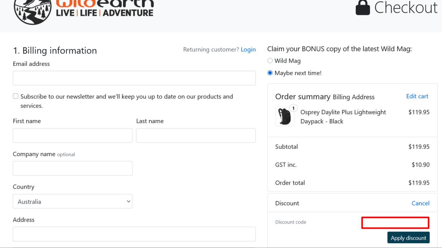 You input your code on the Wild Earth checkout page.