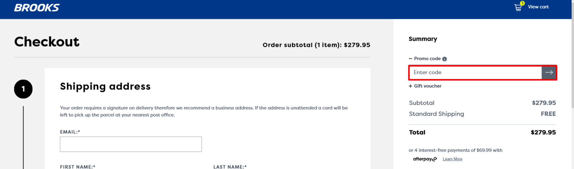 Brooks Running checkout page where to enter your code