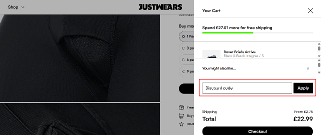 JustWears checkout process with a highlighted code box