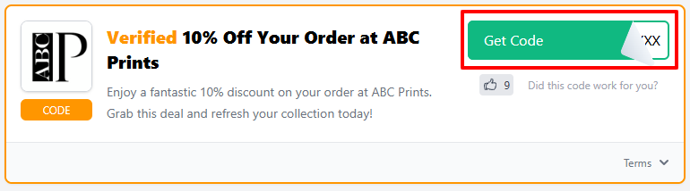 A ABC Prints voucher code with "Get Code" in a red box.