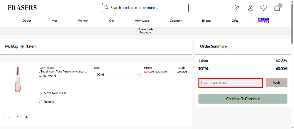 Your shopping bag where you can apply your FRASERS discount code