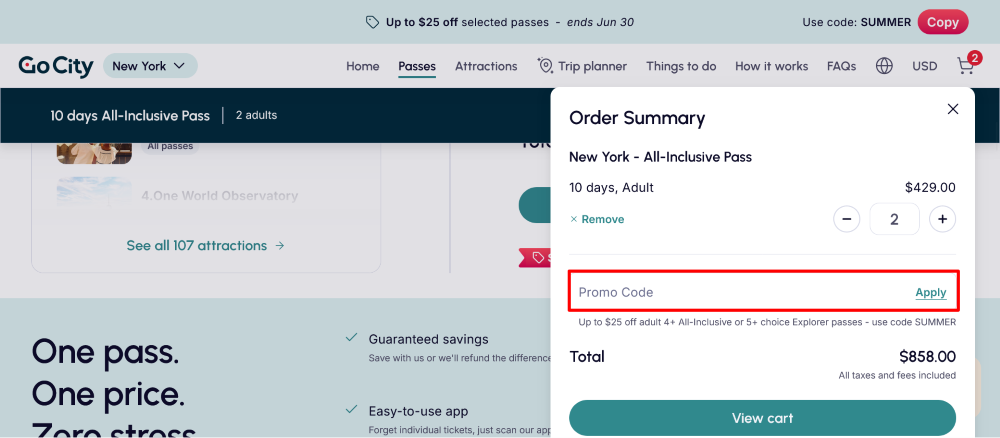 The checkout page for Go City, where you paste the code
