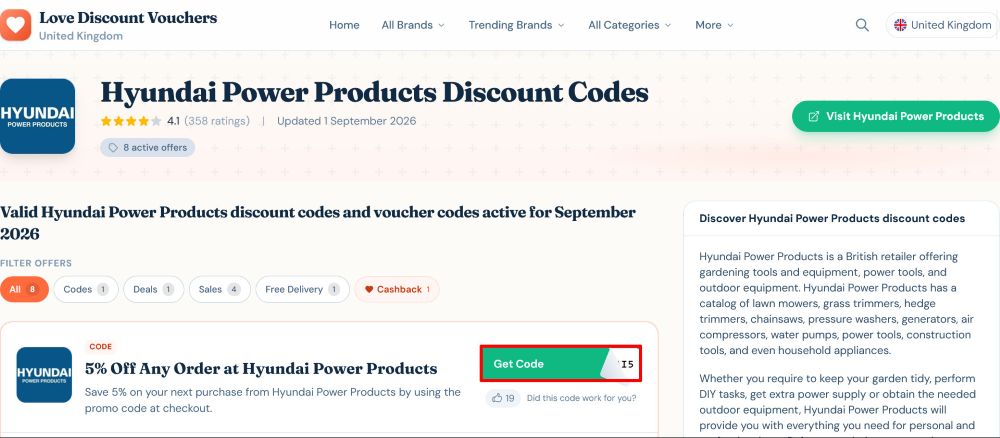 Hyundai Power Products Love Discount Vouchers page where a code is copied