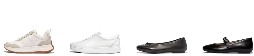 FitFlop UK comfort-engineered shoes including white trainers and black ballet flats for women