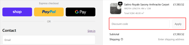 A box where you can add your Carpets-Online promo code to redeem it