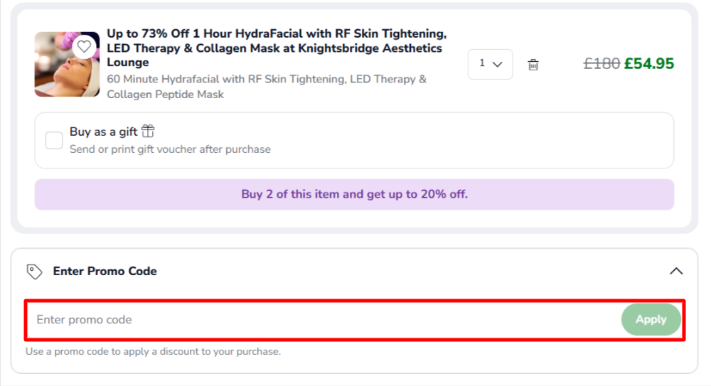 The Groupon checkout page with where to paste the Groupon discount code in a red box