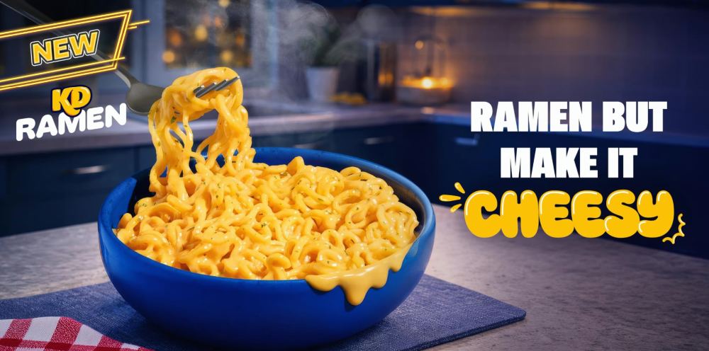 A bowl of KD Ramen resting on a placemat on a kitchen island