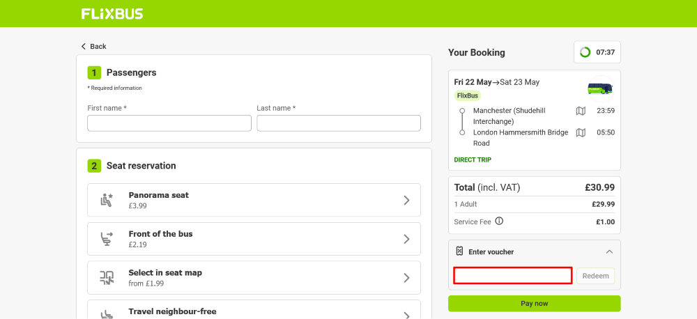 The checkout page for FlixBus, where you paste the code