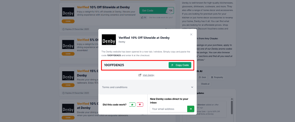 The highlighted red box shows the link that takes you to the Denby website