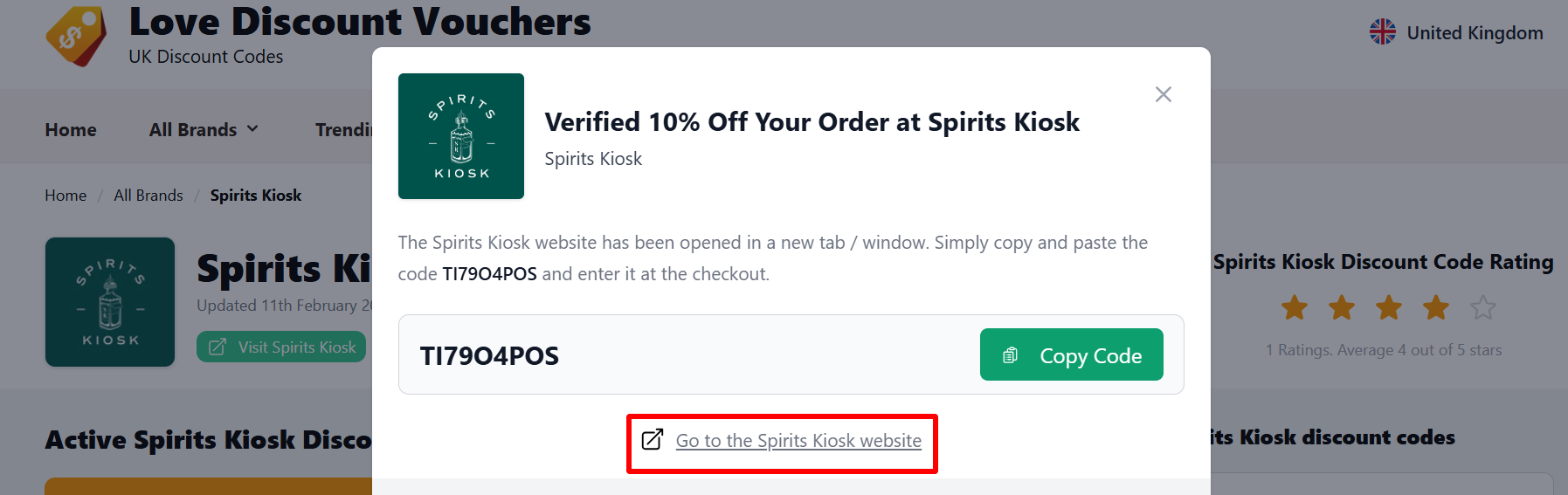 The highlighted red box shows the link that takes you to the Spirits Kiosk website