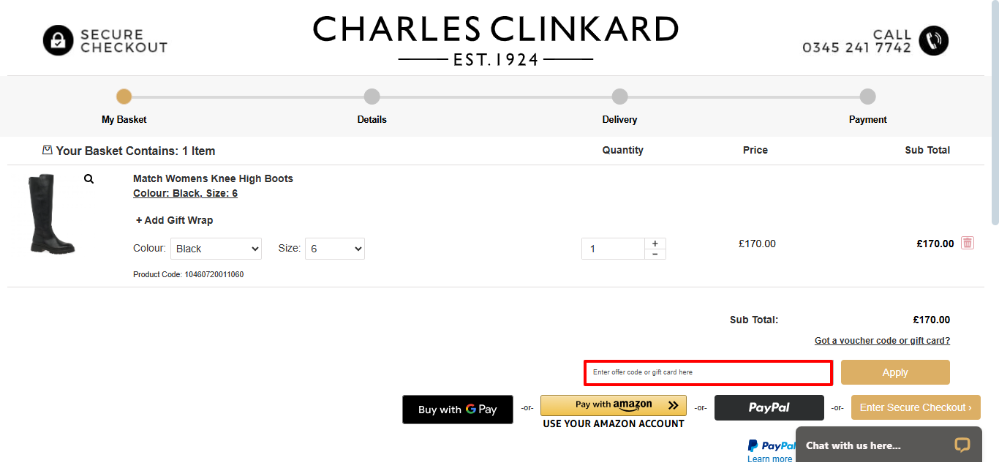 CHARLES CLINKARD's basket page where you can enter your CHARLES CLINKARD promo code