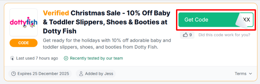 A Dotty Fish voucher code with "Get Code" in a red box. 