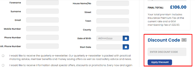 A highlighted box where customers apply their discount code