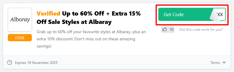A Albaray discount code with "Get Code" in a red box.