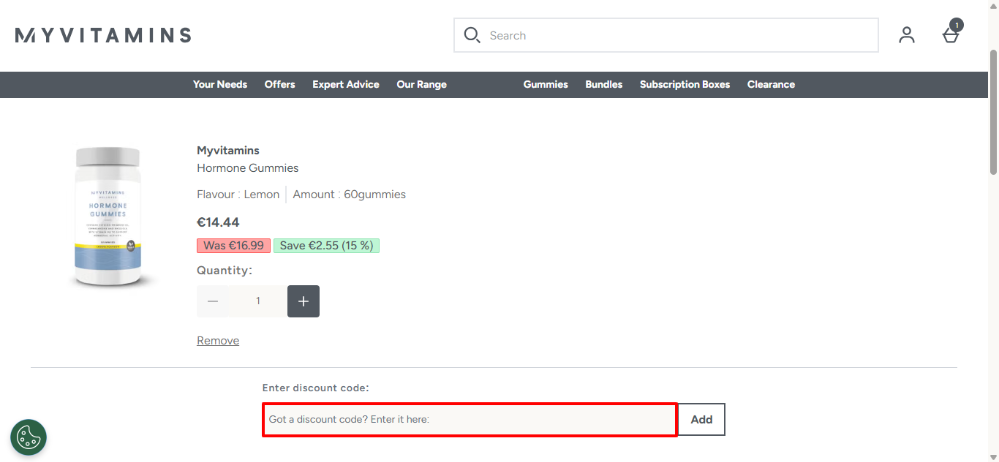 Myvitamins discount code place highlight by a red rectangle