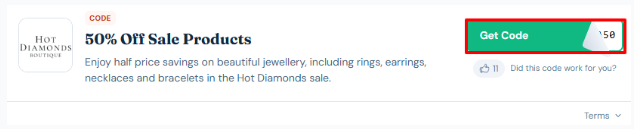 A red box will revealed the Hot Diamonds discount code