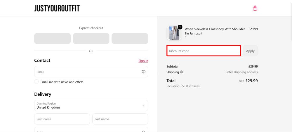 The checkout page shows where to apply your Justyouroutfit discount code