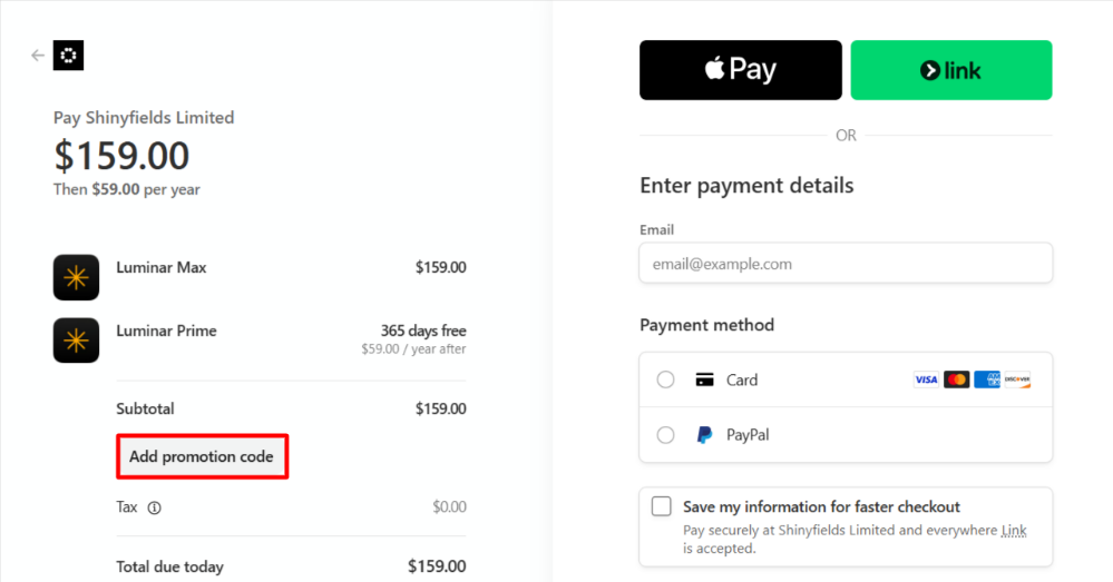 Applying a Luminar (Skylum) promo code at checkout