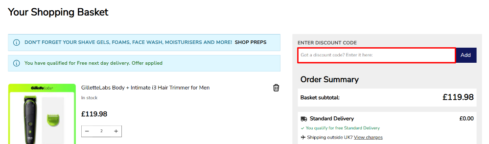 Applying a Gillette promo code at checkout into the offer code box