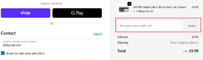 A box where you can add your Artme promo code to redeem it