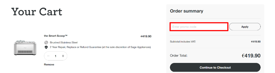 Apply your Sage Appliances promo code before you pay