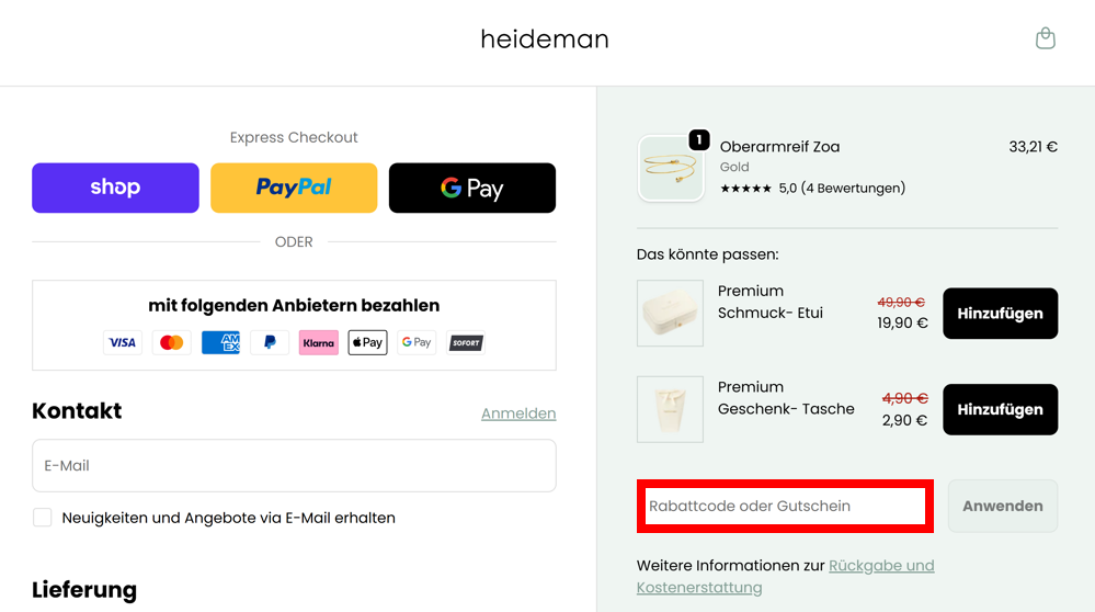 Checkout von Heideman mit einem rptmarkierten Eingabefeld für Gutscheincodes