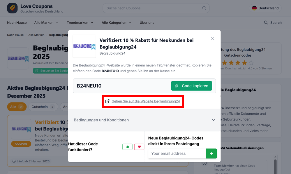 Offener Gutschein für Beglaubigung24 auf der Love Coupons-Seite mit rotmarkiertem Link