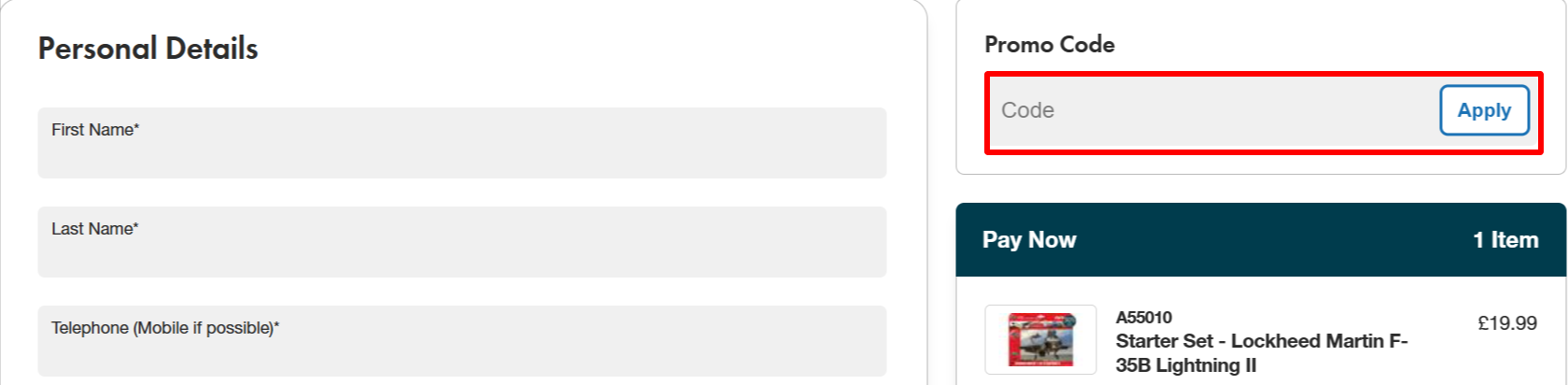 The checkout page showing where to apply your Airfix discount code