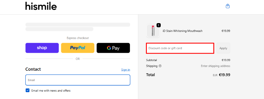 HiSmile discount code place in the checkout process