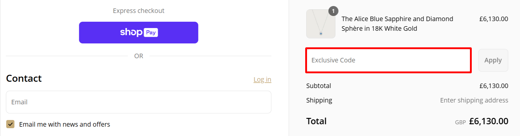 The checkout page showing where to apply your ALICE VAN CAL voucher code