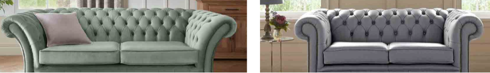 A Chesterfield Sofas fabric sofa next to the same sofa but in leather