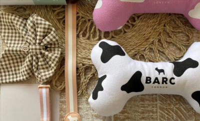 Bone shaped toys with the Barc London name printed on the fabric