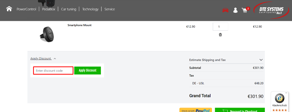 The DTE SYSTEMS checkout page and the discount code box highlighted with a red box