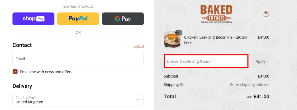 The checkout page for Baked to Taste, where you pay